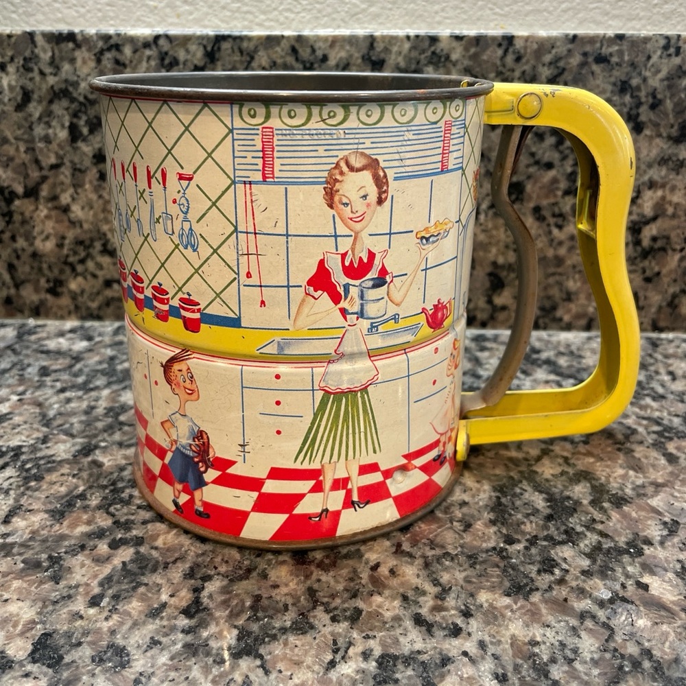 Vintage Kitchen Sifter with Yellow Handle